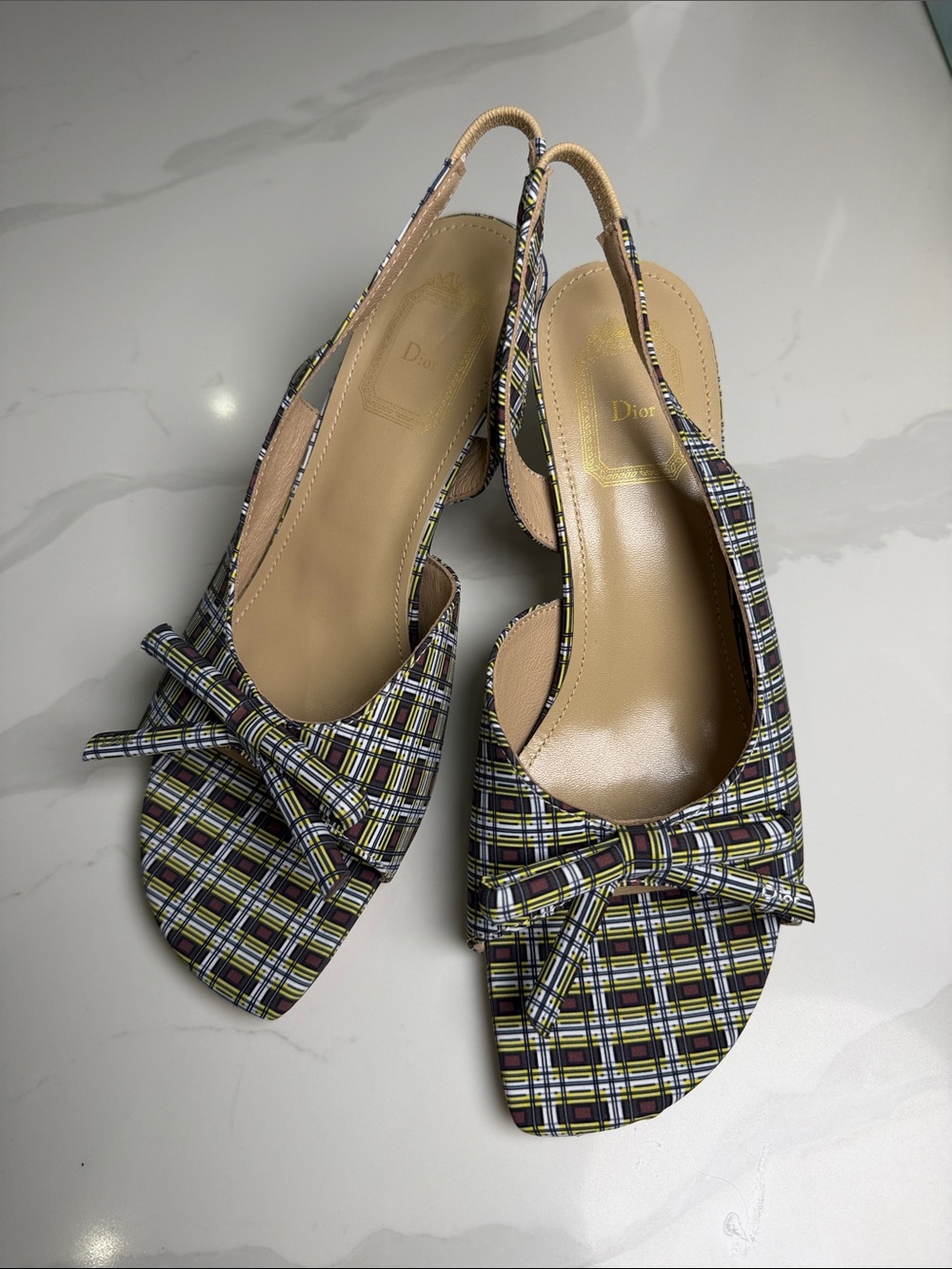 Plaid Slingback Mules in Black, Yellow & White